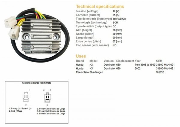 DZE REGULATOR NAPIĘCIA HONDA NX 650 DOMINATOR 95-99; 02 (31600-MAN-621) (35A)