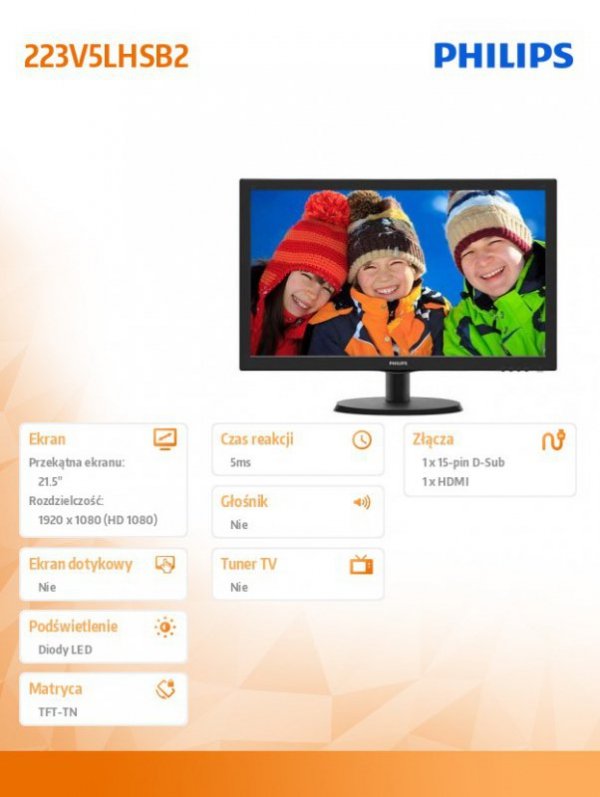 Monitor 21.5 223V5LHSB2/00  LED HDMI Czarny