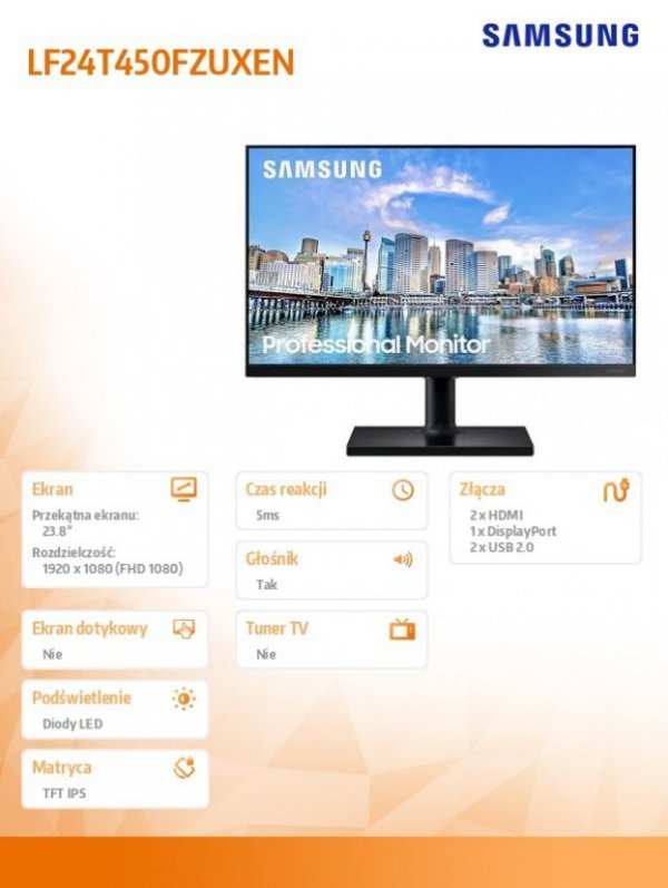 Monitor  24 cale T450FZ IPS 1920x1080 FHD 16:9 2xHDMI 1xDP 2xUSB 2.0 5ms 75Hz HAS+PIVOT głośniki płaski 3YOn-Site
