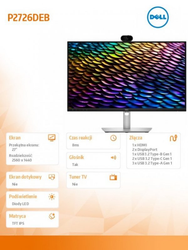 Monitor P2726DEB 27 cali IPS QHD (2560x1440)/16:9/HDMI/2xDP/4xUSB/2xUSB-C/Camera/Speakers/3Y