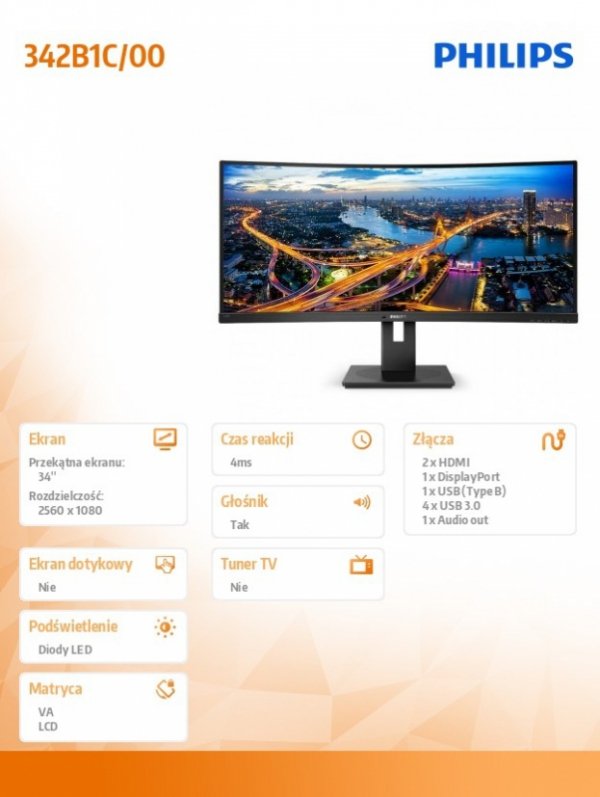 Monitor 342B1C 34 cale VA Curved HDMIx2 DP regulacja wysokości