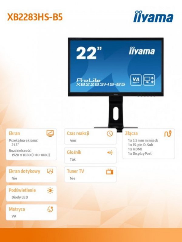 Monitor 21.5 cala XB2283HS-B5 VA,HDMI,DP,VGA,PIVOT,2x1W