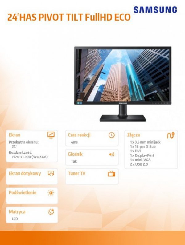 Monitor  24 cale LS24E65UXWY/EN PLS 1920x1200 WUXGA 16:10 1xD-sub 1xDVI   1xDP 4ms HAS+PIVOT głośniki płaski 3Y NBD