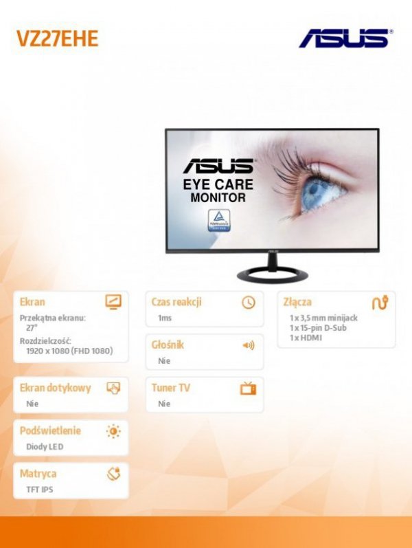 Monitor 27 cali VZ27EHE IPS HDMI VGA 1MS/250NIT/1000:1