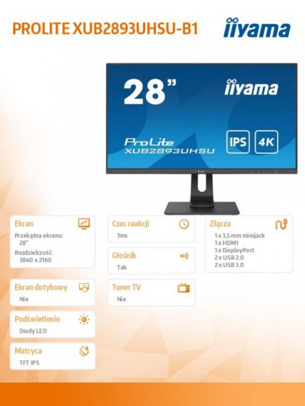 Monitor 28 cali XUB2893UHSU-B1 IPS,USB3.0,HDMI,DP,4K,3ms,300cd