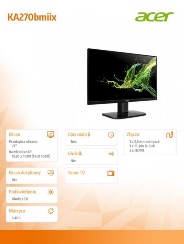 Monitor 27&#039; KA270bmiix 1ms/ 250nits/ VGA/2xHDMI
