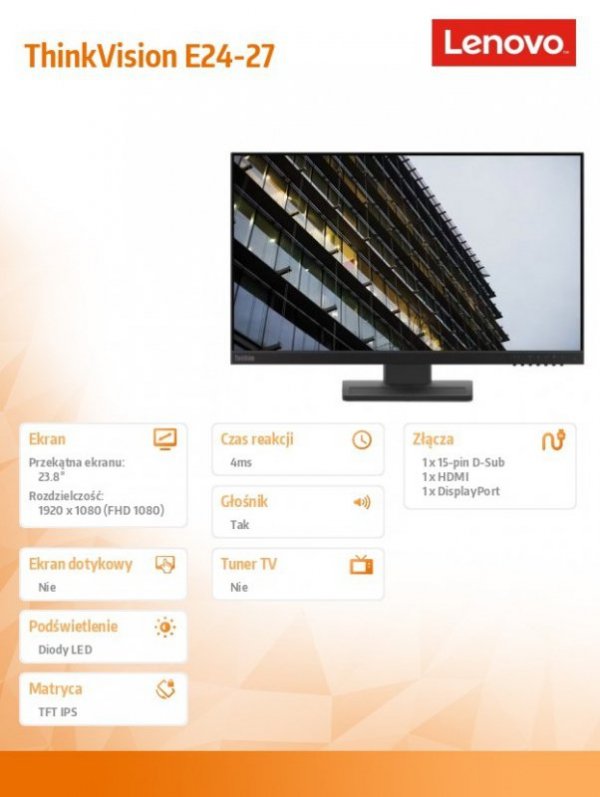 Monitor 23.8 ThinkVision E24-27 WLED LCD 62B6MZR3EU