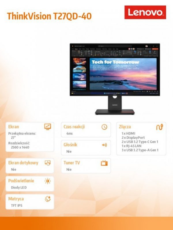 Monitor 27 cali ThinkVision T27QD-40 WLED LCD 64AAGAT2EU