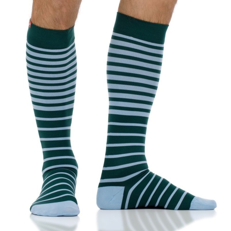 VIM&amp;VIGR - podkolanówki uciskowe II stopnia kompresji - NYLON  - butelkowa zieleń w niebieskie paski