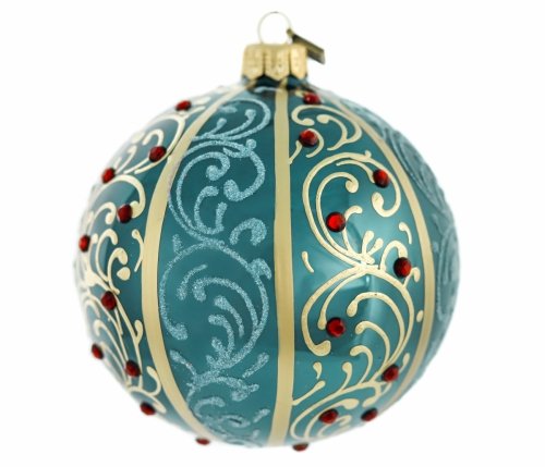 Glass bauble ball 10cm - Rubies on turquoise