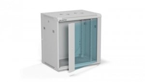 Szafa rack wisząca 19 cali 12U 600x450, drzwi szklane, tył i osłony boczne demontowalne, FLAT PACK kolor szary ALANTEC