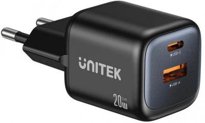 Ładowarka sieciowa Unitek GaN 20W, USB-C, USB-A, PD 3.0, czarna