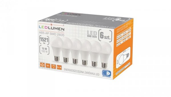Zestaw 6x żarówka LED A65-AP E27 15W 1521lm barwa biała ciepła