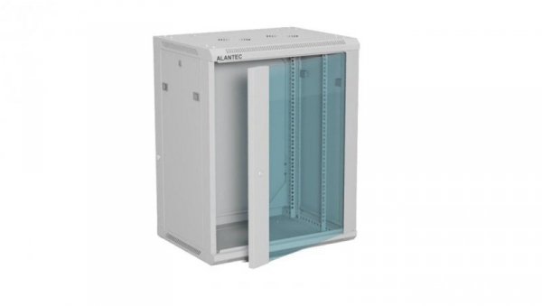 Szafa rack wisząca 19 cali 15U 600x450, drzwi szklane, tył i osłony boczne demontowalne, FLAT PACK kolor szary ALANTEC