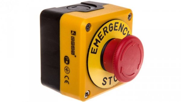 Kaseta sterownicza czarno-żółta stop bezpieczeństwa, ryglowany 40 mm (1NC) z tabliczką opisową Emergency Stop, T0-P1EC400E40K