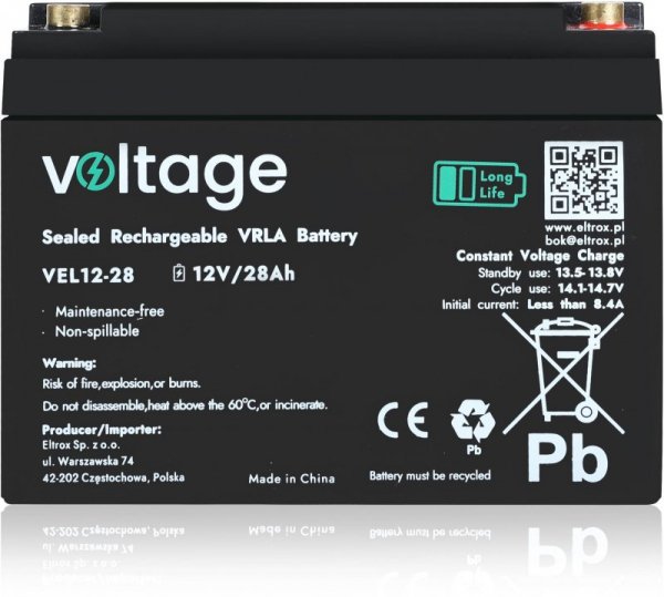 Akumulator AGM Voltage Long Life 12V 28Ah VEL12-28 (Żywotność 15 lat)