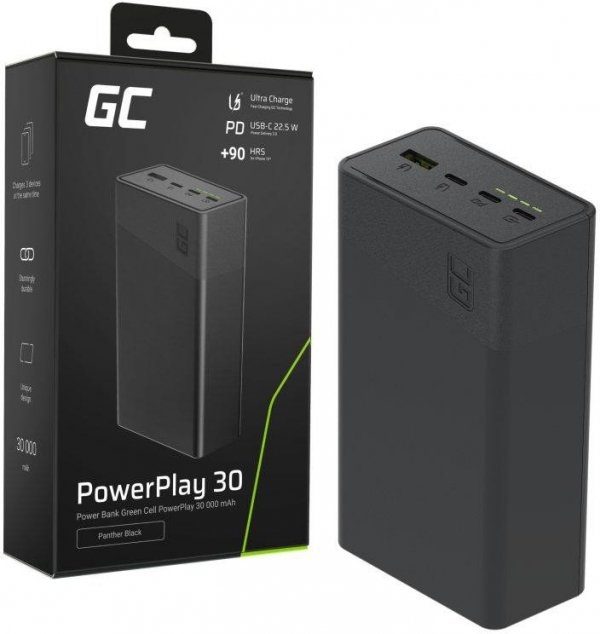POWERBANK Greencell PowerPlay 30 30000mAh SZYBKIE ŁADOWANIE 22,5W 3x USB-C PD 1x USB-A