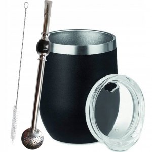 Zestaw Matero Stalowe Termiczne do Yerba Mate + Bombilla Kryształ - Czarna