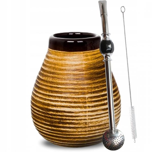 Zestaw Tykwa Yerba Mate Ceramiczna Miodowa + Bombilla z Kryształem - Czarna