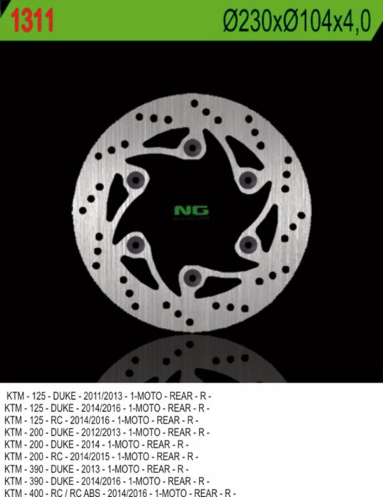 NG1311 TARCZA HAMULCOWA KTM DUKE 125/200/390 '11-'15, RC 200/390 '14-'15 (230X140X4) (6X10,5)