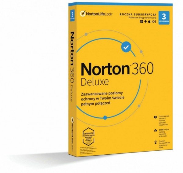 Oprogramowanie NORTON 360 Deluxe 25GB PL 1 użytkownik, 3 urządzenia, 1 rok