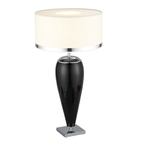LAMPA STOŁOWA SZKLANA 60CM CZARNA GLAMOUR LAMPKA NOCNA Z BIAŁYM ABAŻUREM CHROM SREBRNY PASEK ARGON LORENA 365