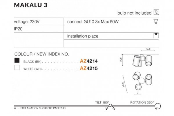 AZZARDO MAKALU 2 AZ4215 SPOTLIGHT BIAŁY POTRÓJNY