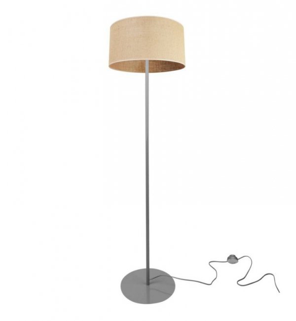 Lampa stojąca, metalowa nóżka, abażur juta 35 cm, kremowe obszycie, E27
