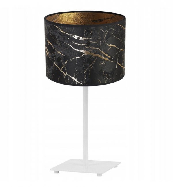 Lampka stołowa z materiałowym abażurem 20 cm, kolor czarny, złoty wzór marmur, metalowy stelaż, E27