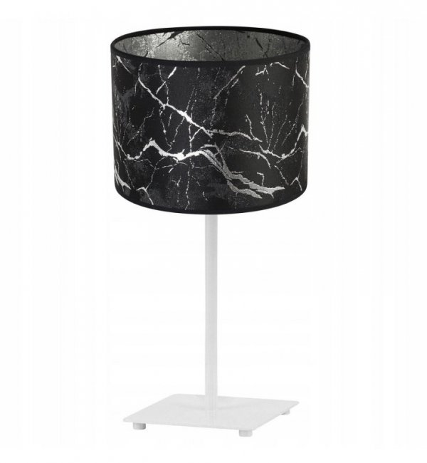 Lampka stołowa z materiałowym abażurem 20 cm, kolor czarny, srebrny wzór marmur, metalowy stelaż, E27