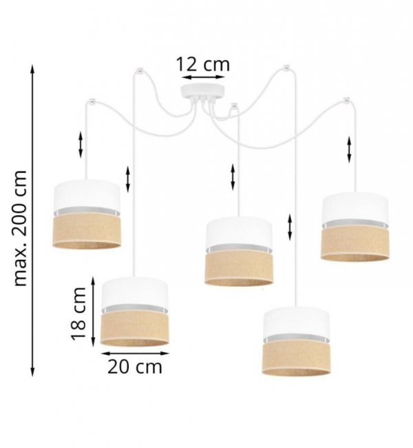 Lampa wisząca sufitowa, JUTA, z regulacją, 5 źródeł światła E27, podwójny abażur, biało - beżowa