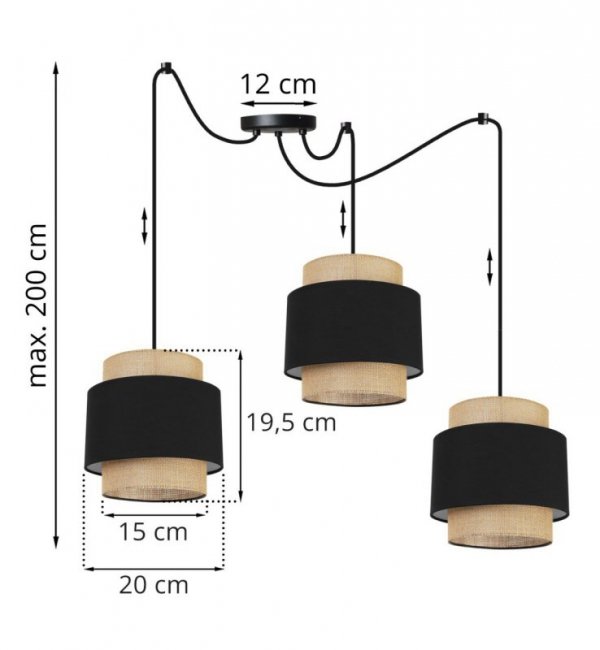 Lampa wisząca BOHO, pająk, 3 abażury, czarny, beżowy, metalowa konstrukcja, regulacja wysokości