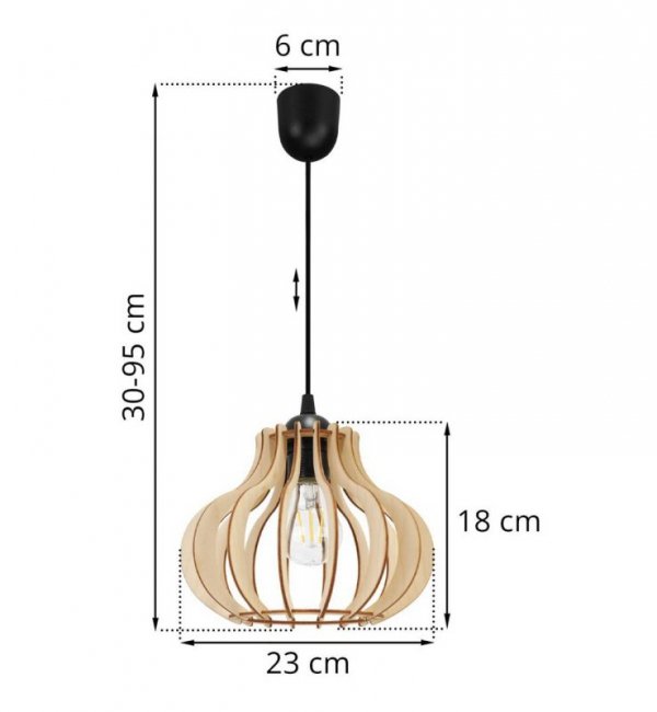 Lampa wisząca z drewnianym kloszem 23 cm o oryginalnym kształcie na podsufitce 6 cm, E27