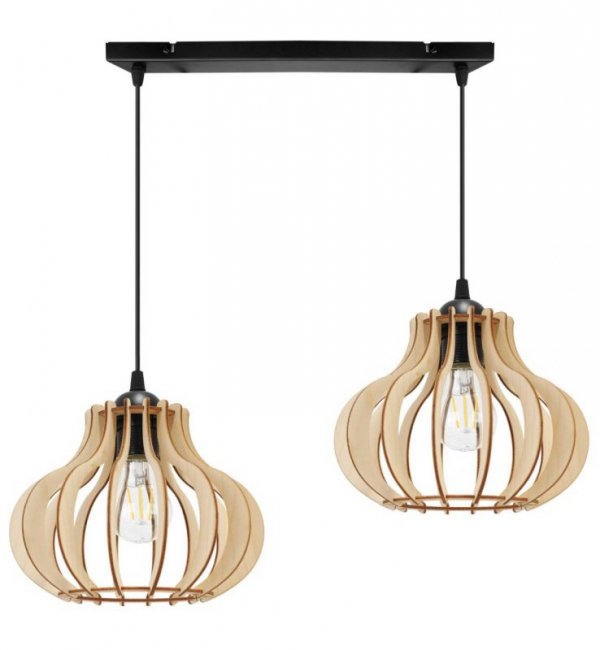 Lampa wisząca z prostokątną listwą sufitową 40 cm i dwoma drewnianymi kloszami 23 cm o oryginalnym kształcie, E27