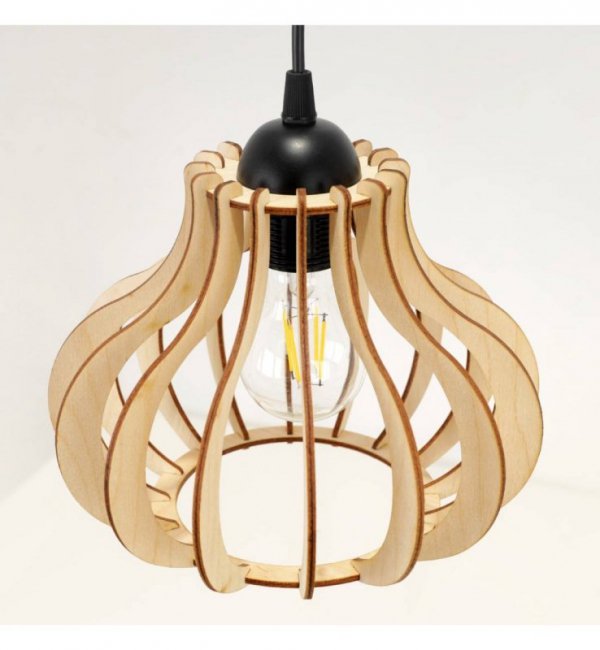 Lampa wisząca na okrągłej podsufitce 30 cm z 4 drewnianymi kloszami 23 cm o oryginalnym kształcie, E27