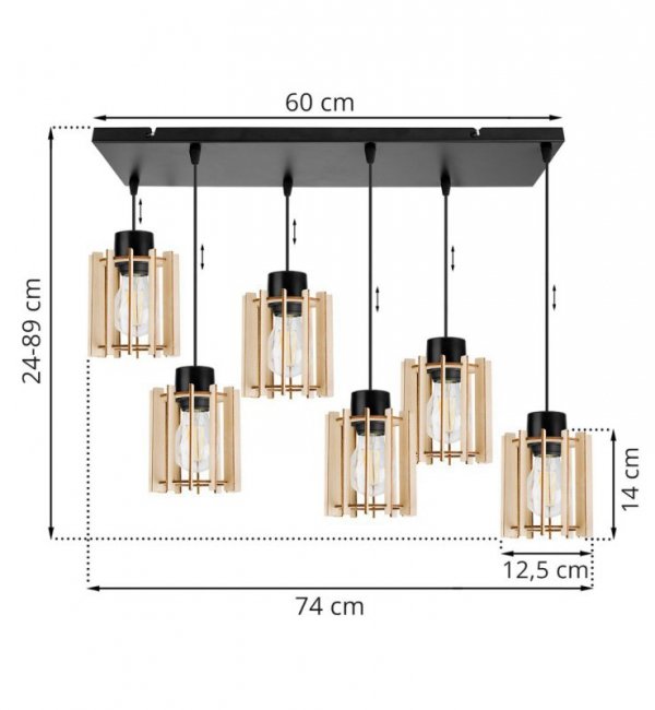 Regulowana lampa wisząca, prostokątna podsufitka, 6 kloszy podłużnych z drewnianych lameli, 12,5 cm, E27