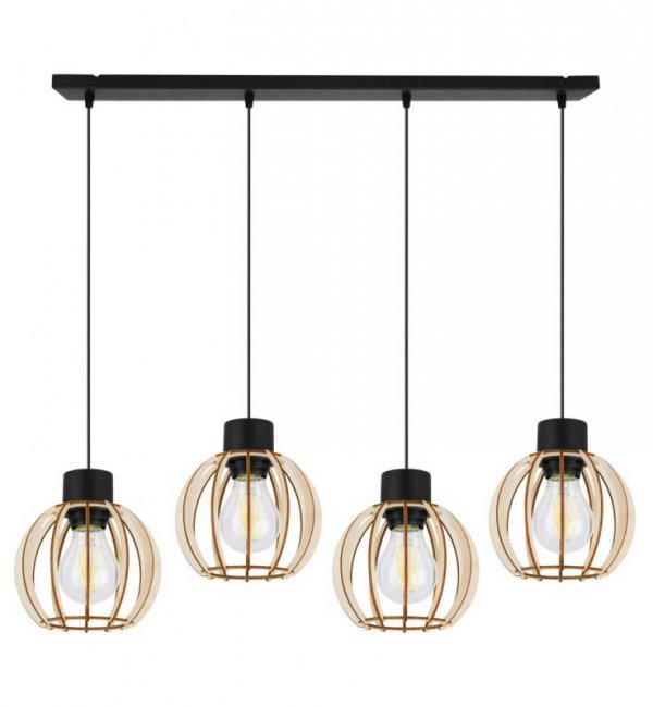 Regulowana lampa wisząca, prostokątna podsufitka, 4 klosze okrągłe z drewnianych lameli, 16 cm, E27