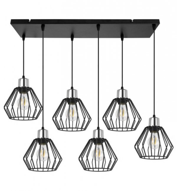 Lampa wisząca na listwie 60 cm, 6 kloszy drucianych czarnych metalowych 18 cm ze srebrnym, chromowanym wykończeniem, E27 LIGHT HOME