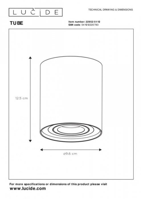 LAMPA SUFITOWA PLAFON SPOT LUCIDE Tube 22952/01/12