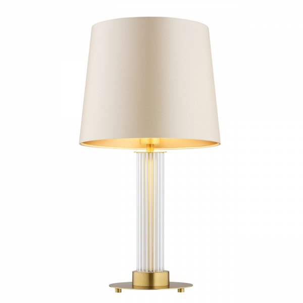 LAMPA STOŁOWA SZKLANA ZŁOTA LAMPKA NOCNA MOSIĄDZ SZCZOTKOWANY Z BEŻOWYM ABAŻUREM DO SALONU SYPIALNI NA KOMODĘ W STYLU GLAMOUR ARGON HAMPTON 8541