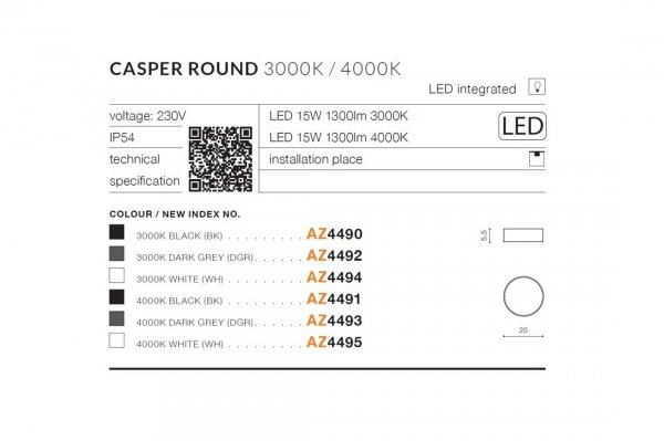 AZZARDO CASPER ROUND IP54 AZ4493 LAMPA SUFITOWA ZEWNĘTRZNA SZARA KOŁO 4000K