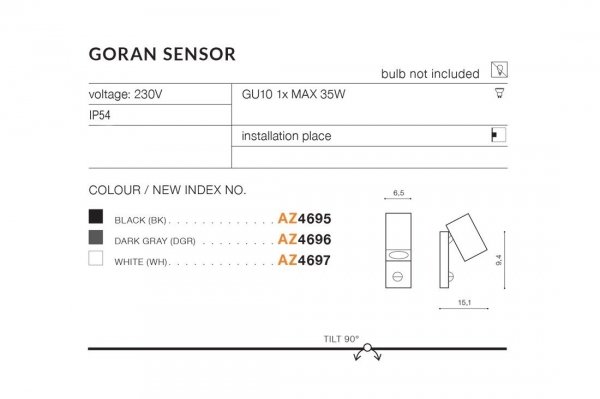 AZZARDO GORAN SENSOR AZ4695 LAMPA NA ELEWACJĘ Z CZUJNIKIEM RUCHU CZARNA