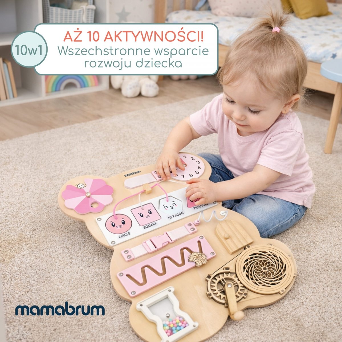 Drewniana tablica sensoryczna Montessori Miś Mamabrum – zegar, kształty ...