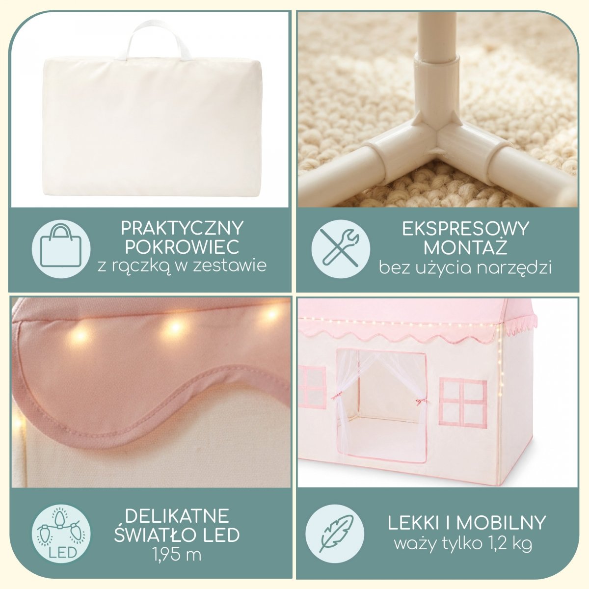 Domek składany XXL - namiot dla dzieci do zabawy, zamek z oknami, do pokoju i ogrodu, z lampkami LED - różowy