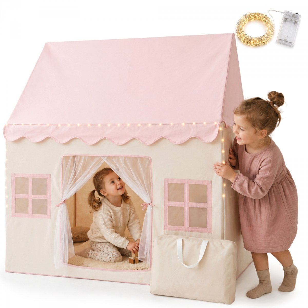 Domek składany XXL - namiot dla dzieci do zabawy, zamek z oknami, do pokoju i ogrodu, z lampkami LED - różowy