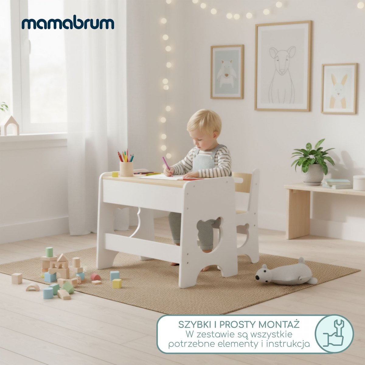 Zestaw dla dzieci - biały, drewniany stolik - biurko z szufladą i krzesełkiem - Miś