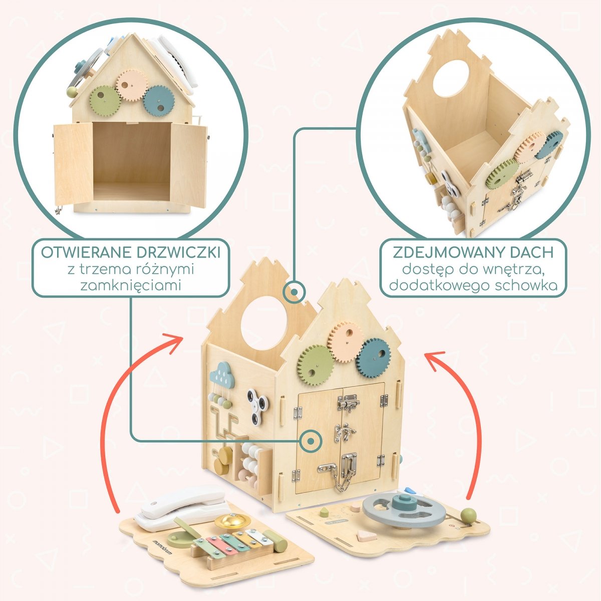 Drewniany, edukacyjny domek aktywności Montessori 6 w 1- sensoryczna tablica manipulacyjna