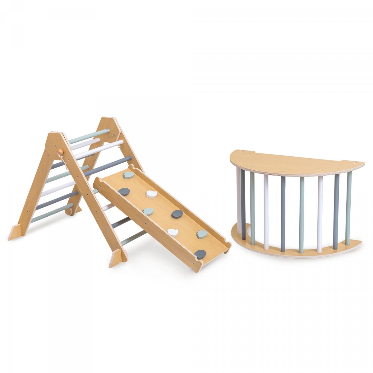 Drewniany domowy plac zabaw dla dzieci - ścianka wspinaczkowa, zjeżdżalnia, łuk wspinaczkowy/bujak i trójkąt Piklera 