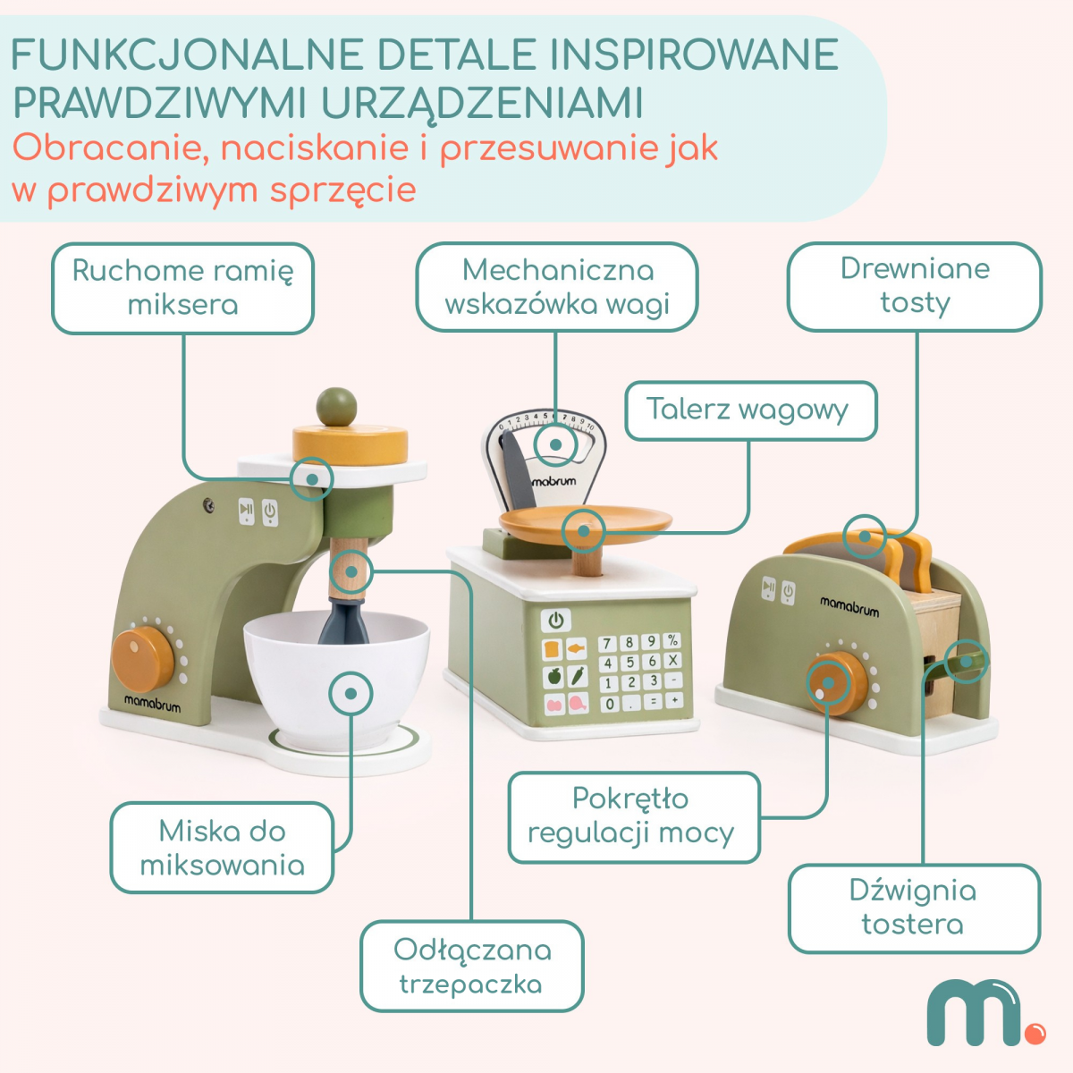 Drewniany zestaw kuchenny dla dzieci mini AGD - mikser, waga i toster