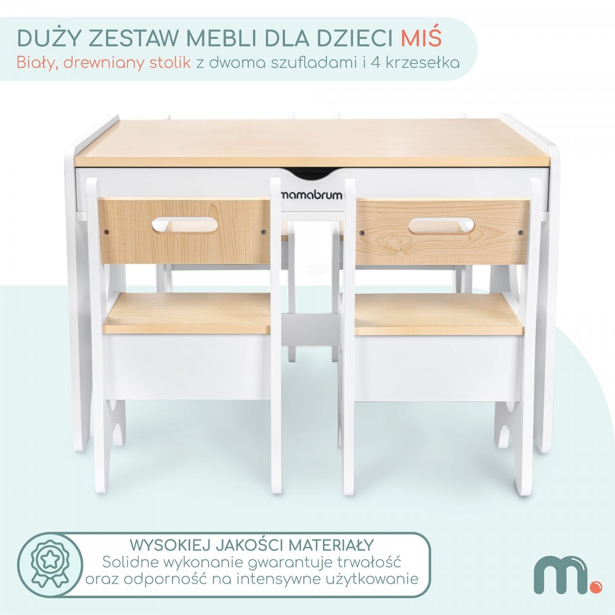 Duży zestaw mebli dla dzieci - biały, drewniany stolik - biurko, dwie szuflady + 4 krzesełka - Miś